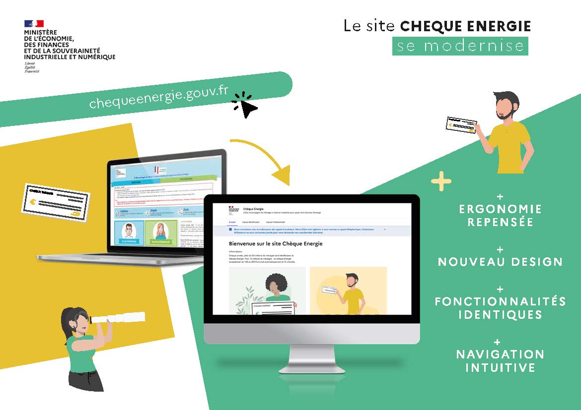 le site chèque énergie se modernise, ergonomie repensée + nouveau design + fonctionnalités identitques + navigation intuitive