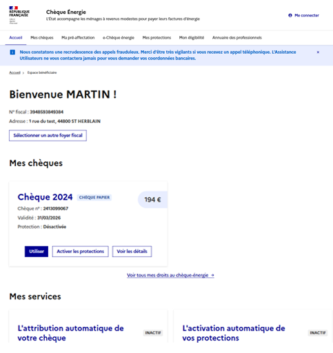 Page du site du Chèque énergie connecté à l'espace personnel