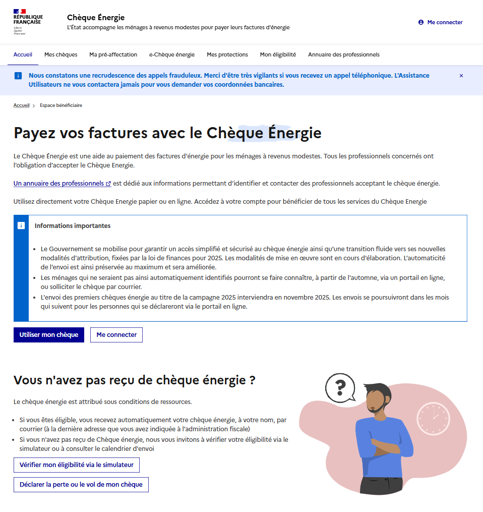 Page du site du Chèque énergie en mode déconnecté